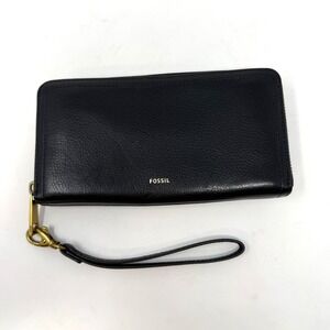 Fossil Logan Black Pebbled Leather RFID‎ Zip Around Wristlet Wallet Clutch